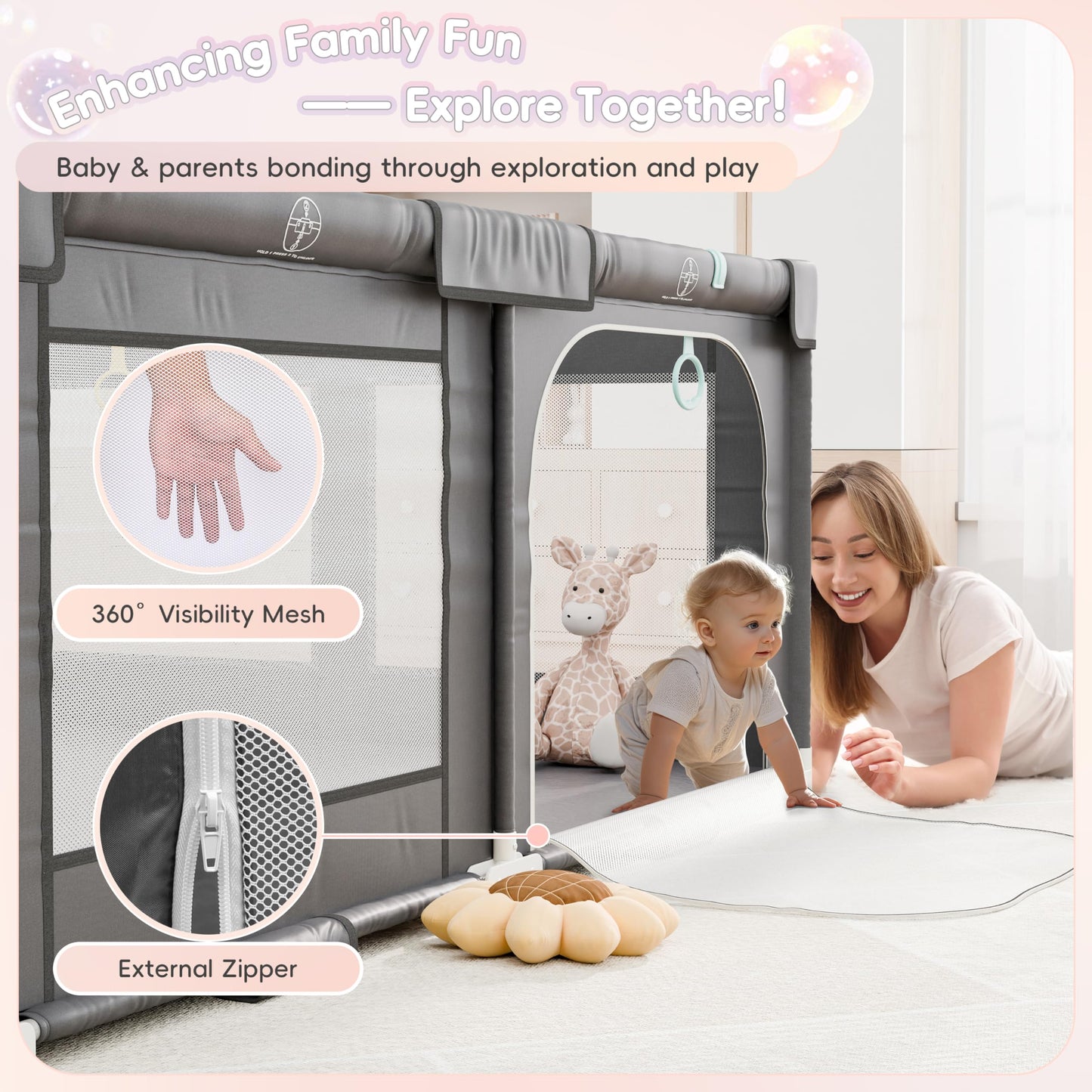 Xilingol 72 ' X 59 ' Foldable Playpen, Potable Baby Play Yard With Carry Bag, Baby Gate Playpen With Anti-Slip Suckers & Zippe