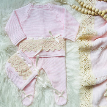 Escalett Layette Newborn Baby Knitted Clothes Set, Coming Home Infant Knit Outfit For Boys And Girls (1136, Pink, Preemie)