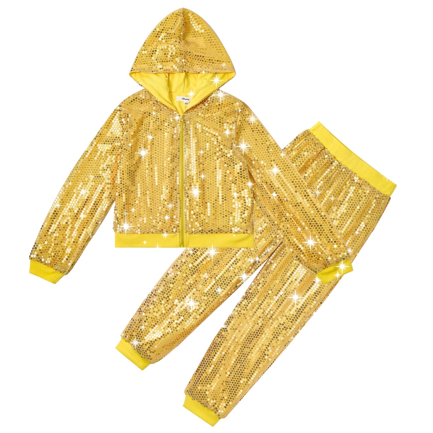 Lolanta Girls Hip Hop Dance Costumes Sequin Jacket And Pants Dance Set Girls Street Dance Casual Wear (Golden, 12-13 Years)