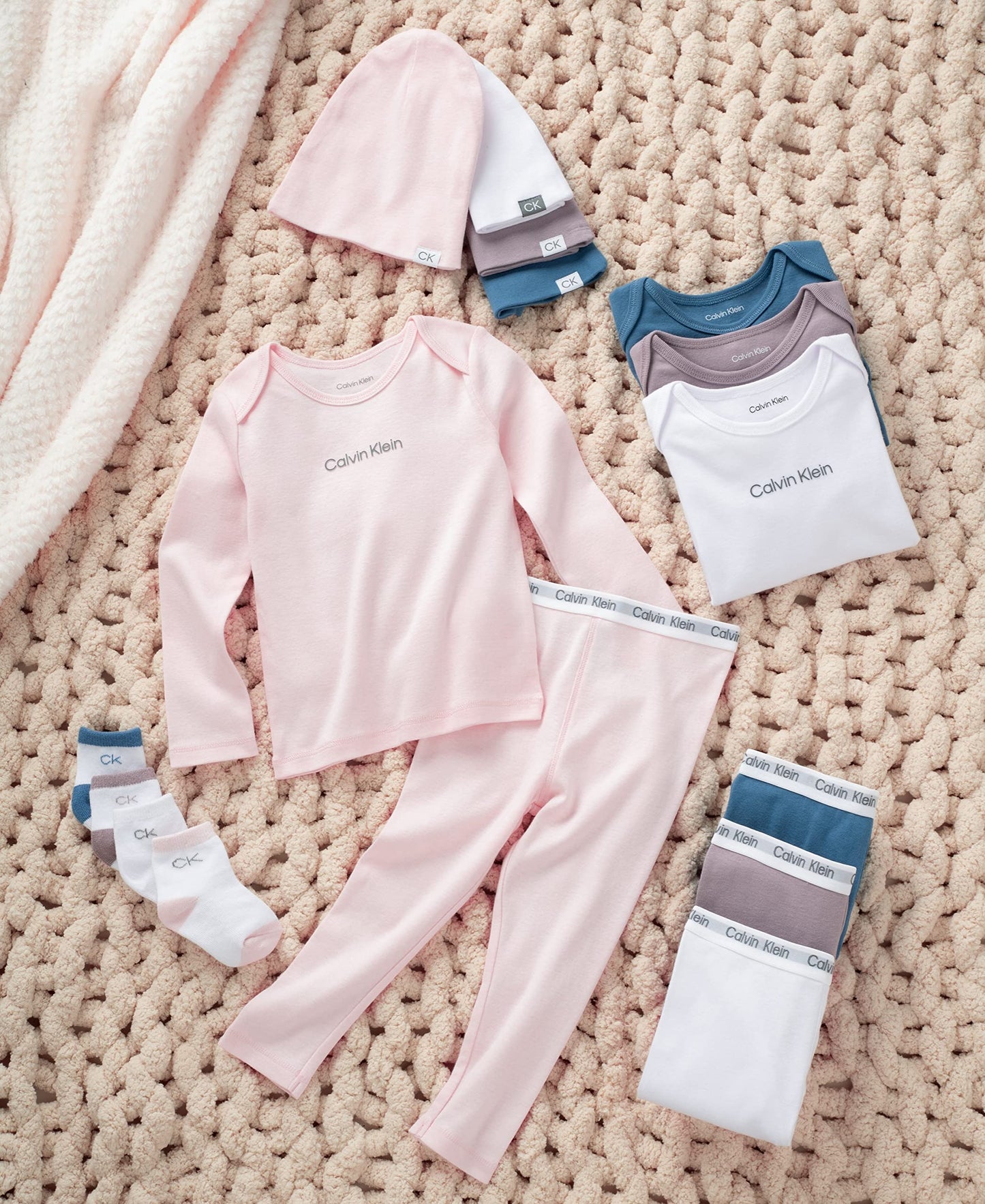 Calvin Klein Organic Baby Boys Essentials 4-Piece Set With Long Sleeve Tee & Pants, Ultra-Soft Beanie & Socks Included, Coronet