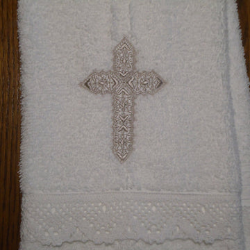 Baby Baptism Towel With Cross Embroidery And Lace