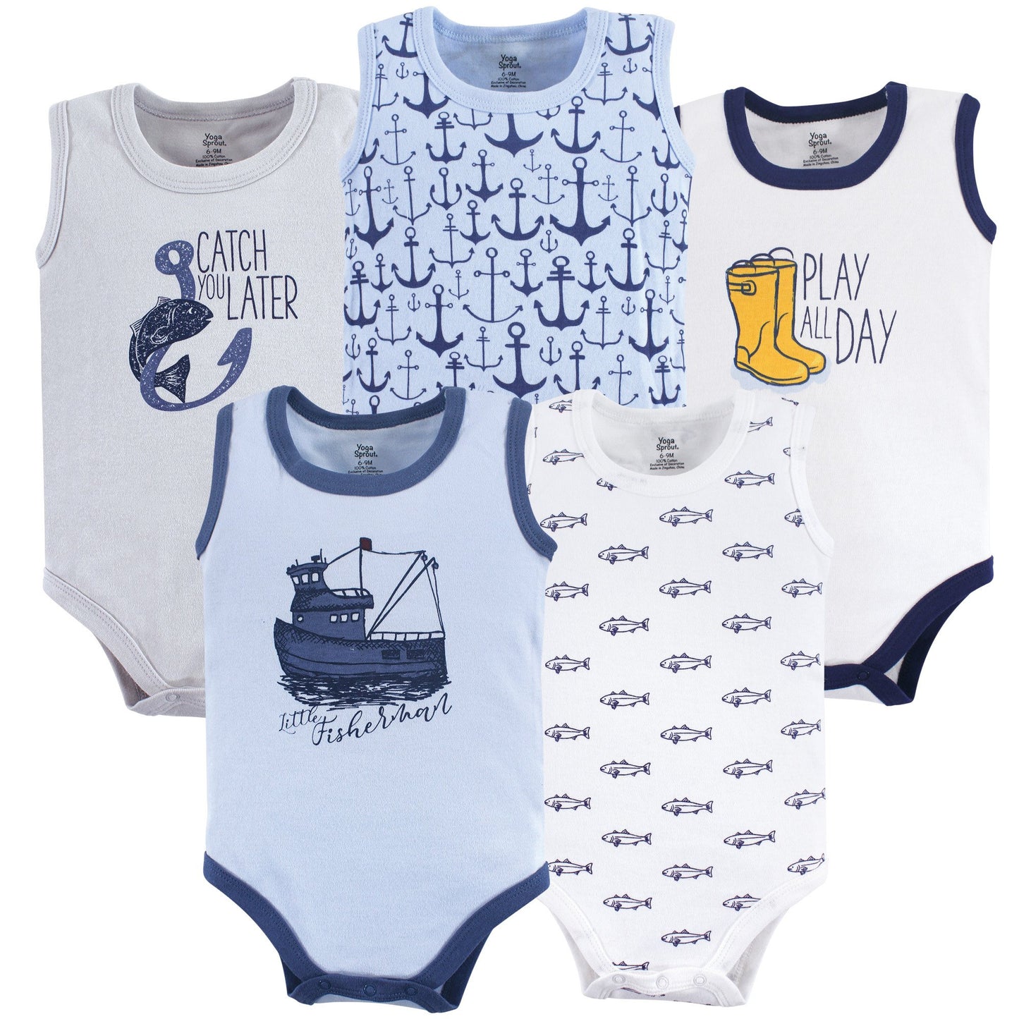 Yoga Sprout Cotton Bodysuit, 5 Pack, Fisherman, 12-18 Months