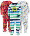 Simple Joys By Carter'S Baby Boys' 3-Pack Snug Fit Footed Cotton Pajamas, Red Firetruck/White Sharks/Monster, 18 Months