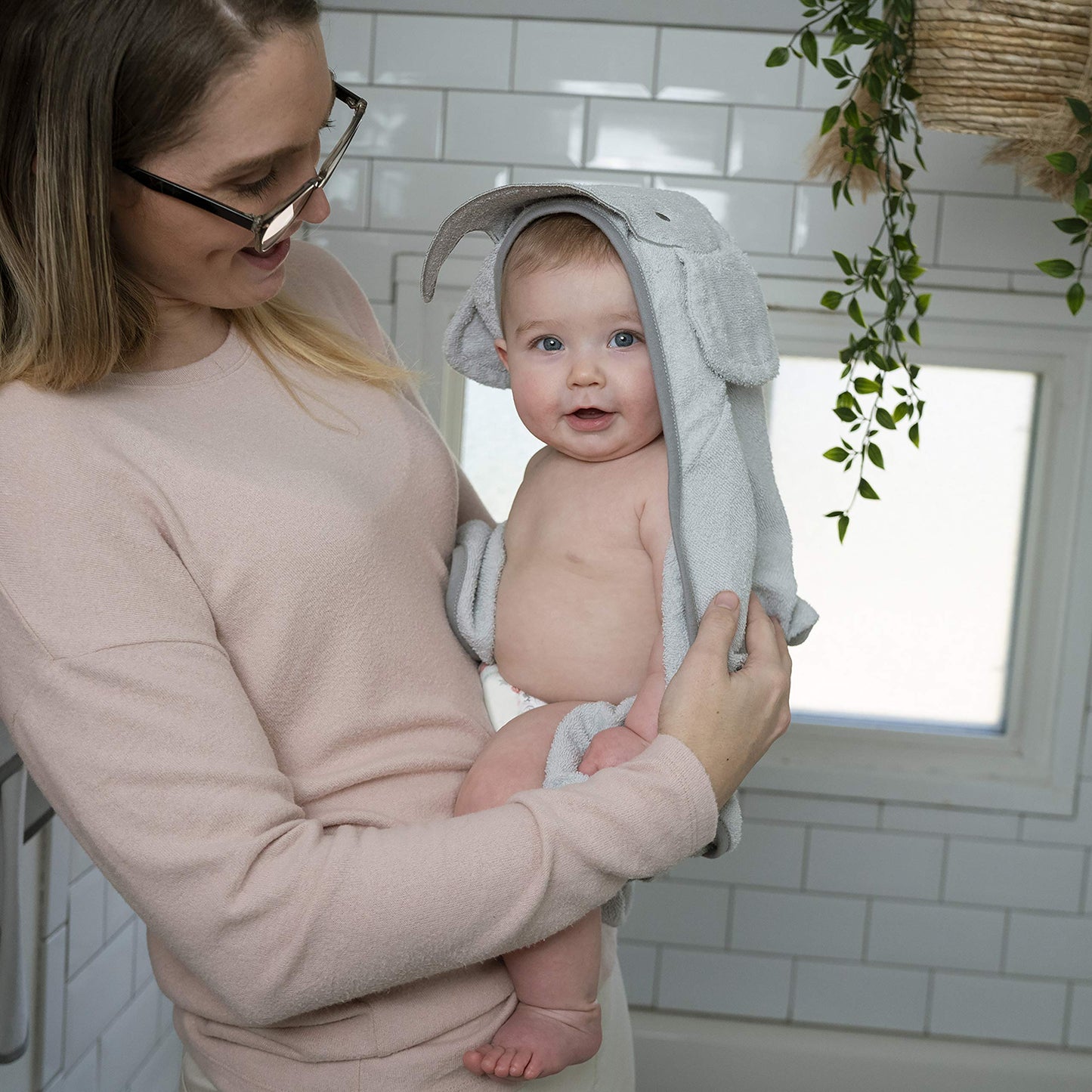 Ingenuity Clean & Cuddly Hooded Baby Elephant Bath Animal Towel - Perfect Shower Gift - Grazer