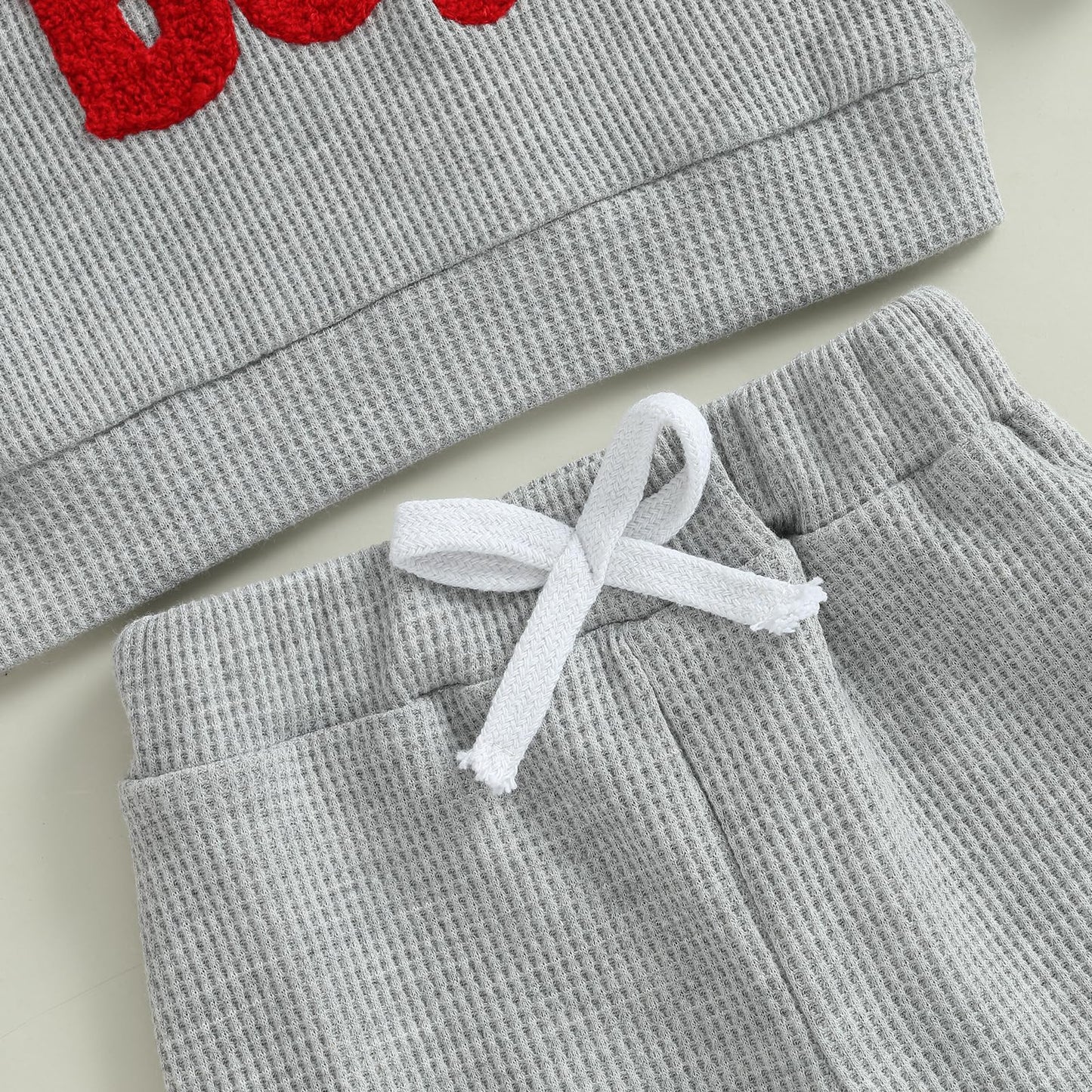 Nibbcoa Toddler Baby Boy Valentines Day Outfit Love Embroidery Waffle Knit Sweatshirt Pants Set Cute Spring Fall Clothes (Gray,