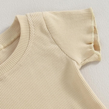 Kupretty 2Pcs Toddlers Baby Girls Summer Clothes Set Ruffle Ribbed Knit Short Sleeves T-Shirt Tops Shorts Cotton Outfits (Beige,