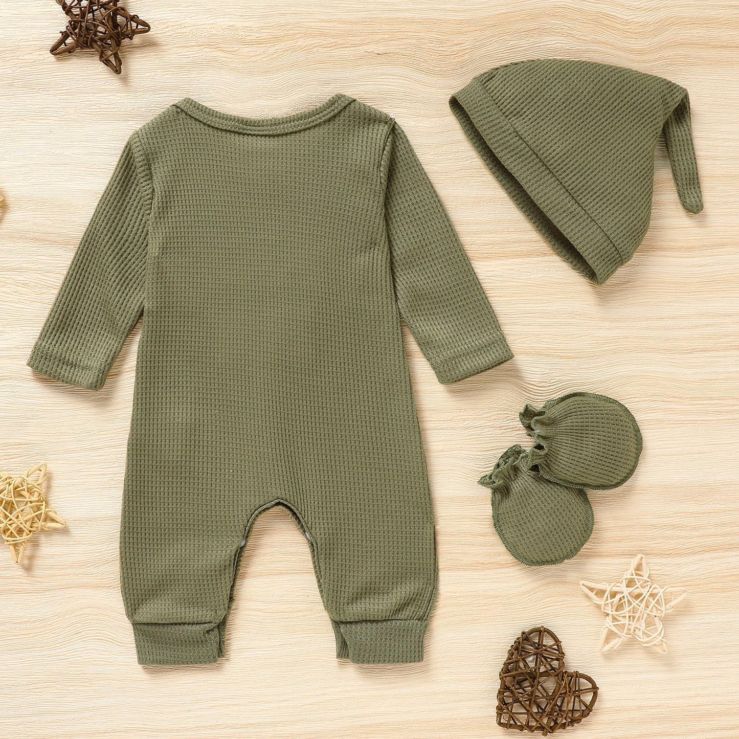 Grnshts Newborn Baby Boy Romper Waffle Coming Home Outfits Mama'S Boy Letter Jumpsuit+Hat+Gloves 3Pcs Clothes Set (Light Army Gr