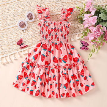 Retsugo Baby Girl Strawberry Dress Ruffle Sleeve Twirly Tiered Smocked Sundress Toddler Kids Pink Shirred Dresses 6-7 Years