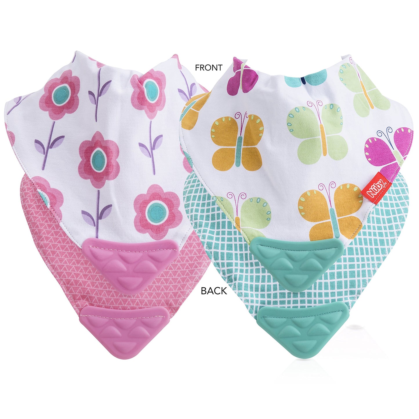 Nuby Reversible 2 Piece Teething Bib, Pink Flower, Aqua Butterfly, 3 Mo +