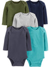 Simple Joys By Carter'S Baby Boys' 5-Pack Long-Sleeve Bodysuit, Blue/Grey Heather/Navy/Olive/Washed Navy, 12 Months