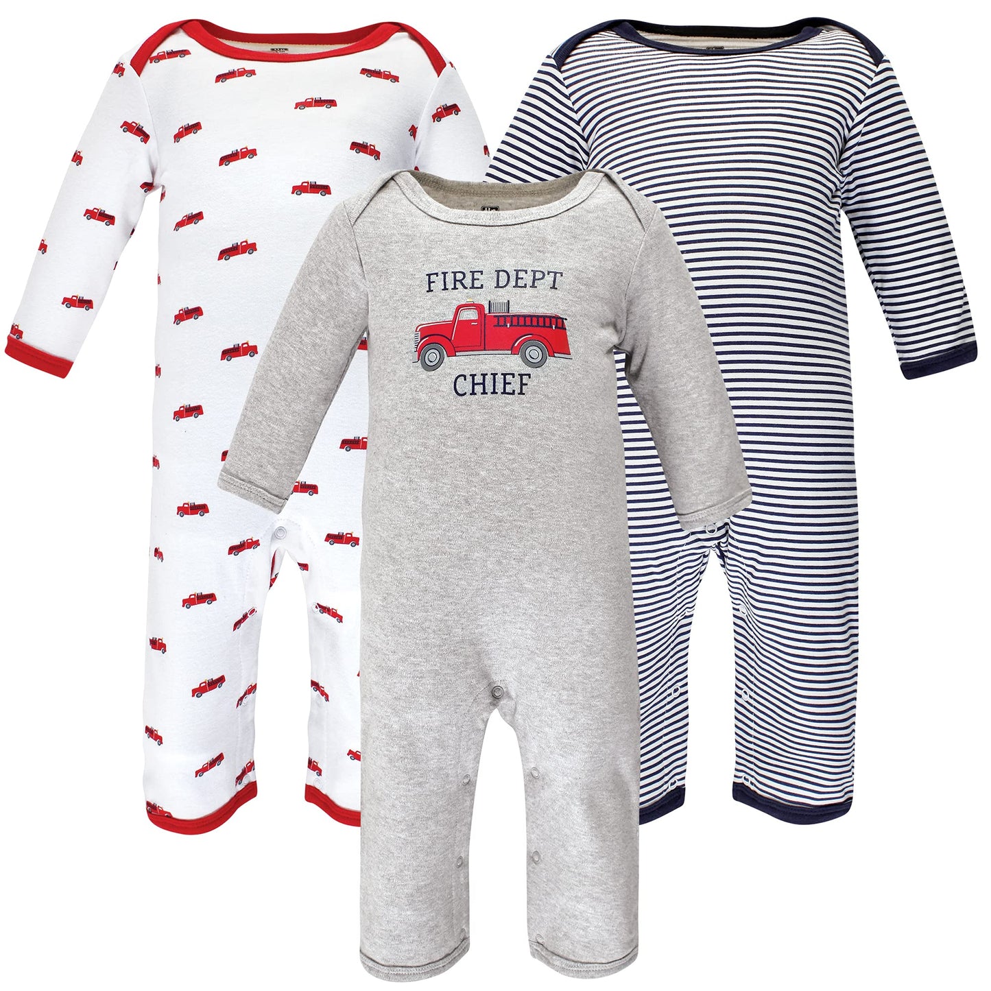 Hudson Baby Unisex Baby Cotton Coveralls Fire Truck, 0-3 Months