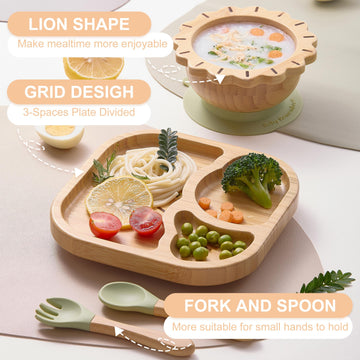 Baby Remember Suction Plates Bowls Set For Baby Toddler Non-Toxic Bamboo Feeding Set With Silicone Fork & Spoon (Green Feeding S