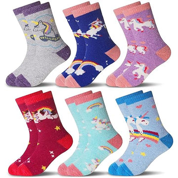 Eocom 6 Pairs Children'S Winter Warm Wool Socks Kids Toddlers Boys Girls Thermal Thick Boot Cozy Crew Socks (8-12 Years, Unicorn