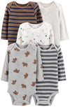Simple Joys By Carter'S Baby Boys' 5-Pack Long-Sleeve Bodysuit, Bear/Forest Animals/Stripe, Preemie