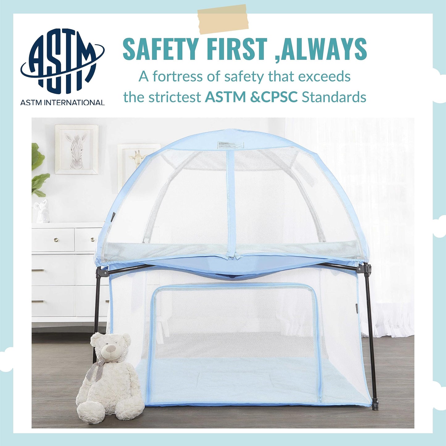 Dream On Me Ziggy Square Playpen With Canopy | Baby Playpen | Portable And Lightweight | Playpen For Babies And Toddler | Blue