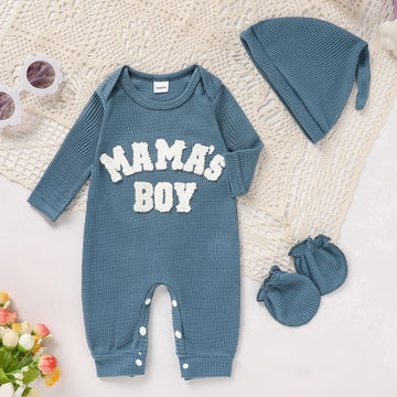 Newborn Baby Boy Romper Waffle Coming Home Outfits Mama'S Boy Letter Jumpsuit+Hat+Gloves 3Pcs Clothes Set (Dove Blue, Newborn)