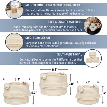 Naturalcozy 3-Piece Boho Decor Storage Basket Set - Cotton Rope Woven Baskets For Organizing! Small Baby Stuff, Shower, Gift Bas