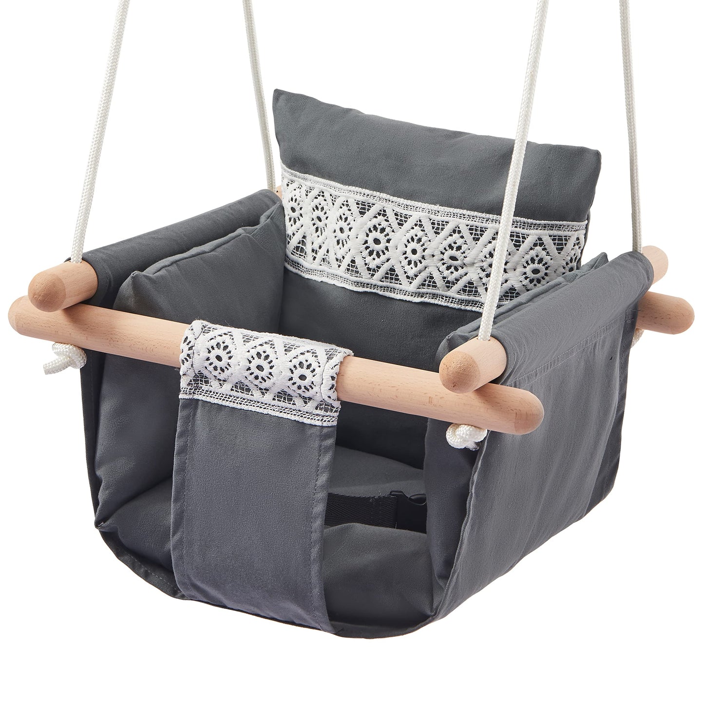 Secure Baby Swing Seat With Safety Belt - Baby Canvas And Wooden Swing Chair With Lace D  Cor Cushion - Hanging Indoor Swing For