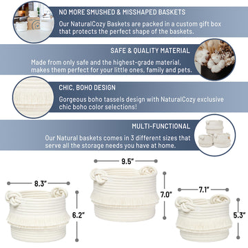 Naturalcozy 3-Piece Decorative Storage Basket Set - Cotton Rope Woven Baskets For Organizing! Small Basket For Nursery Baby Stuf