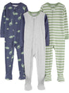 Simple Joys By Carter'S Baby Boys' Toddler 3-Pack Snug Fit Footed Cotton Pajamas, Green Stripe/Grey Heather/Indigo Wash Dinosaur