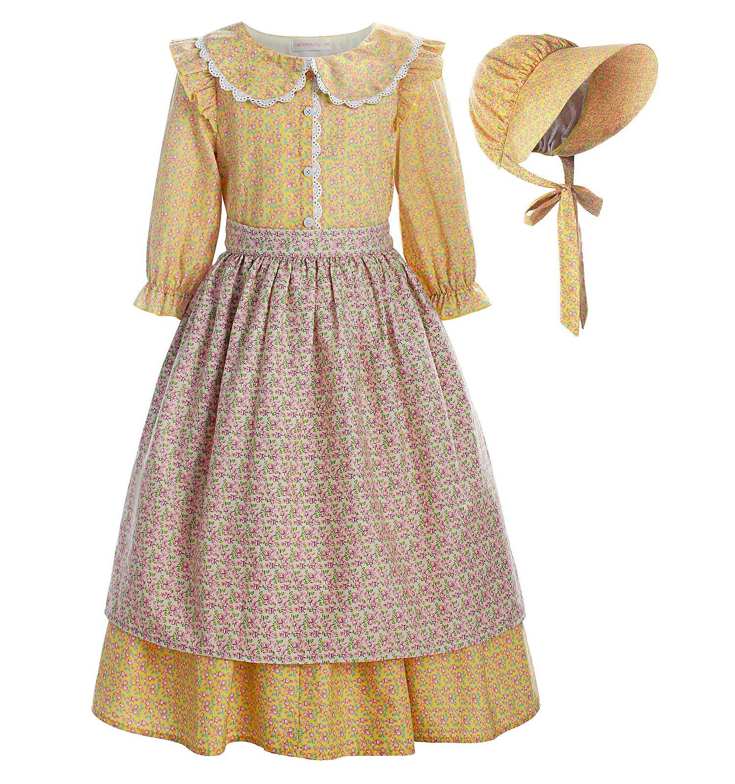 Relibeauty Pioneer Girl Costume Colonial Prairie Dress Yellow, 6-7(130)