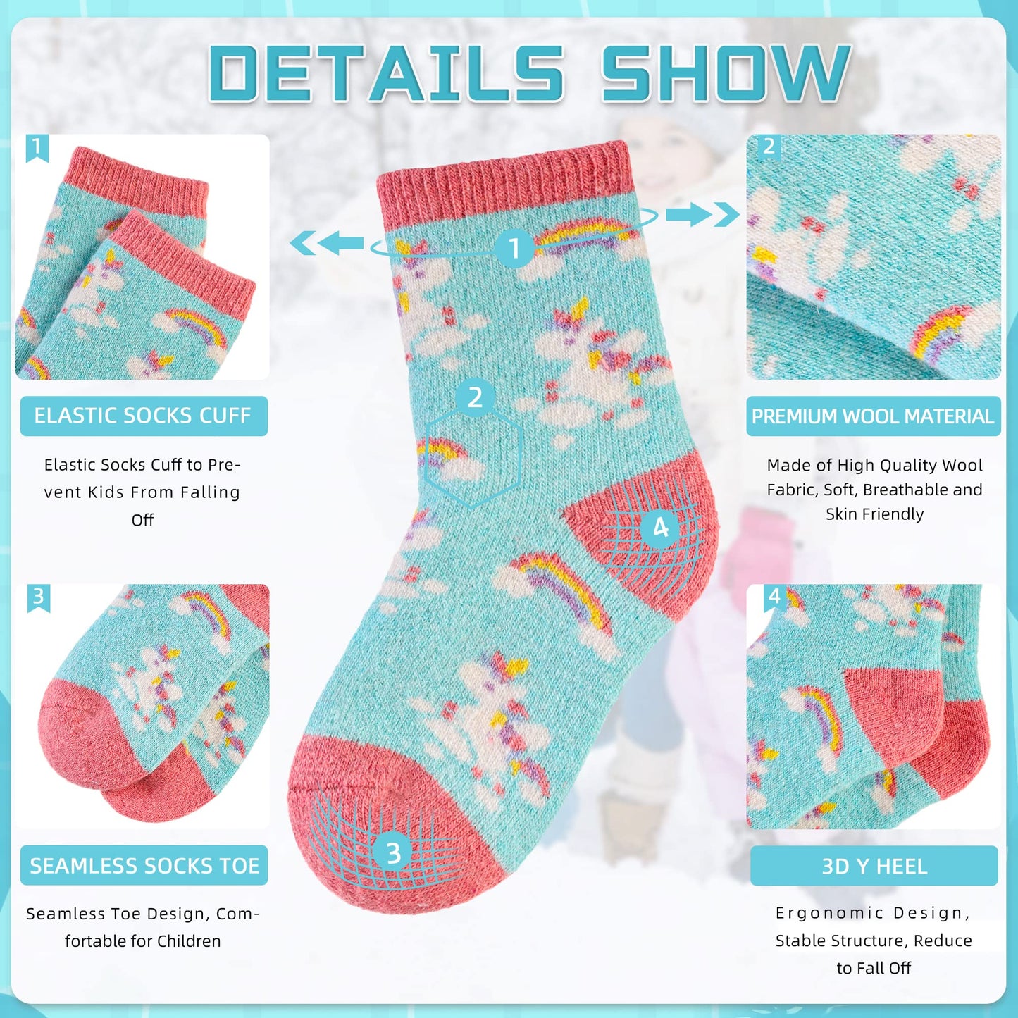 Eocom 6 Pairs Children'S Winter Warm Wool Socks Kids Toddlers Boys Girls Thermal Thick Boot Cozy Crew Socks (8-12 Years, Unicorn