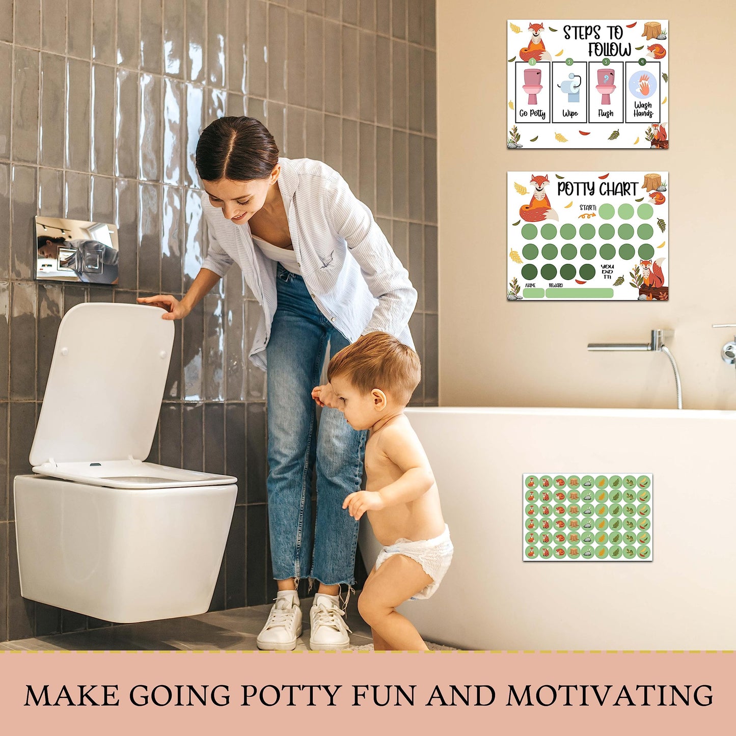 Fox Potty Training Sticker Chart, 10 Potty Charts With 216 Round Stickers & 1 Instruction Sheet, Potty Reward Sticker Chart For