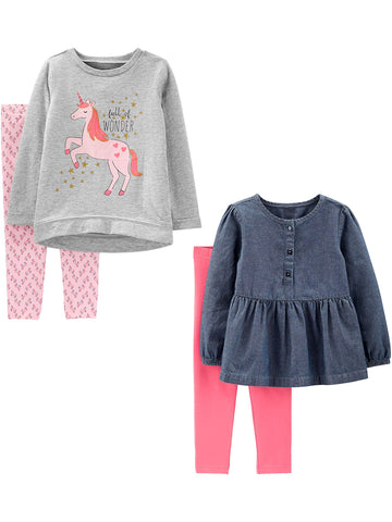 Simple Joys By Carter'S Girls' 4-Piece Playwear Set, Denim/Grey Unicorn/Light Pink/Pink, 12 Months