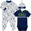 Gerber Nfl Seattle Seahawks 3 Pack Bodysuit Sleep N Play Footie Cap Registry Gift Set, Blue/White Seattle Seahawks, 0-3M