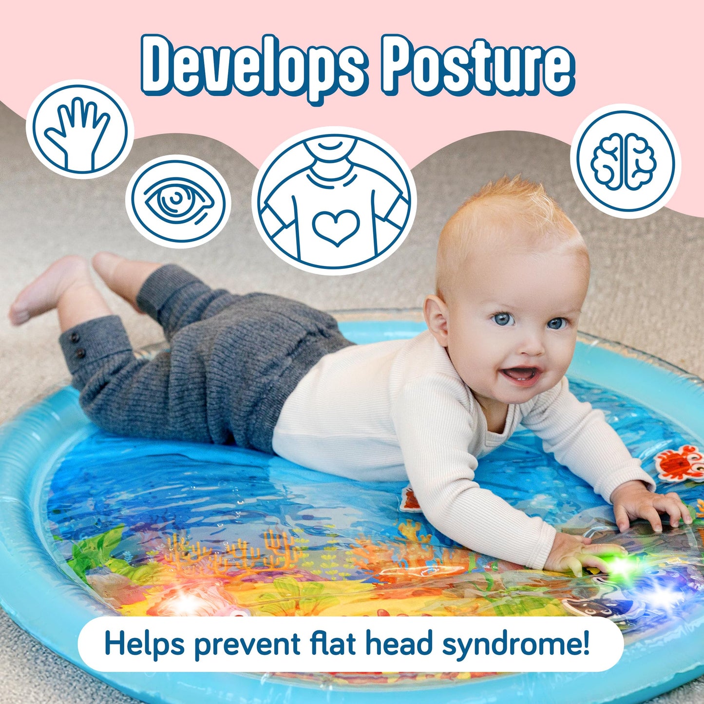 Splashez Lights Up Tummy Time Water Mat For Babies, 30' X-Large Baby Water Mat Tummy Time For Sensory Play With Led Glowing Fis