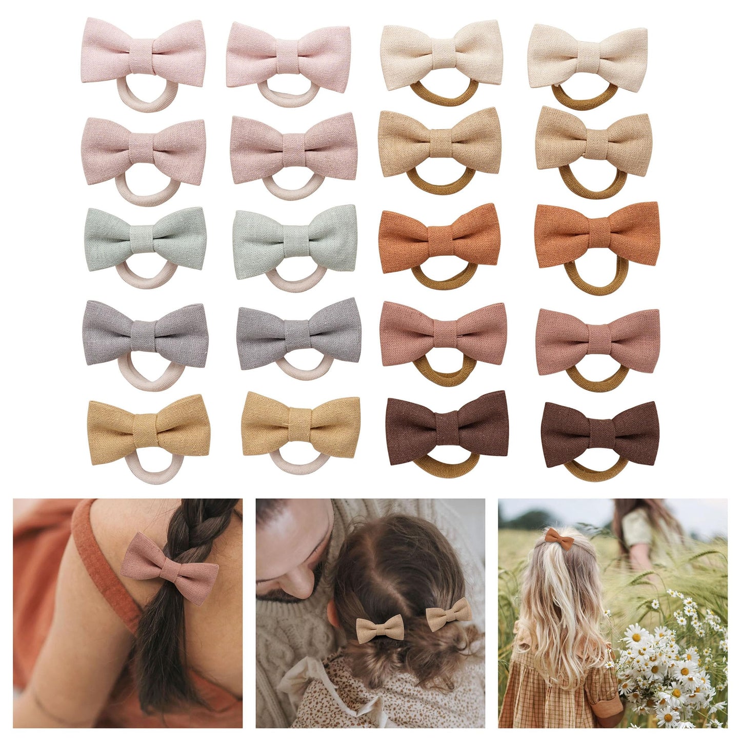 Baby Toddler Girls Hair Ties with Linen Bows, 20 pcs No Damage Elastic Nylon Ponytail Holders, Small Hair Accessories for Thick