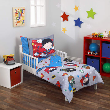 Warner Brothers Justice League 4 Piece Toddler Bedding Set, Grey/Blue/Red/Black