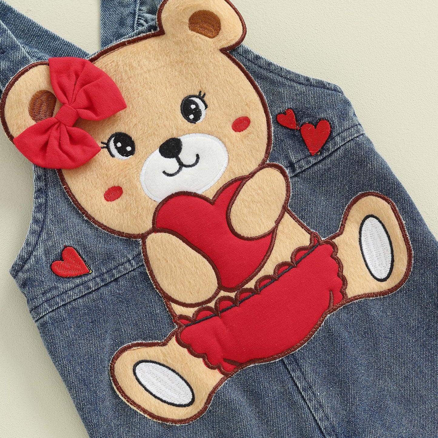 Baby Girl Valentines Day Outfit Long Sleeve Romper Onesie Bear Denim Overalls Pants Headband Cute Fall Winter Clothes(A-White Be