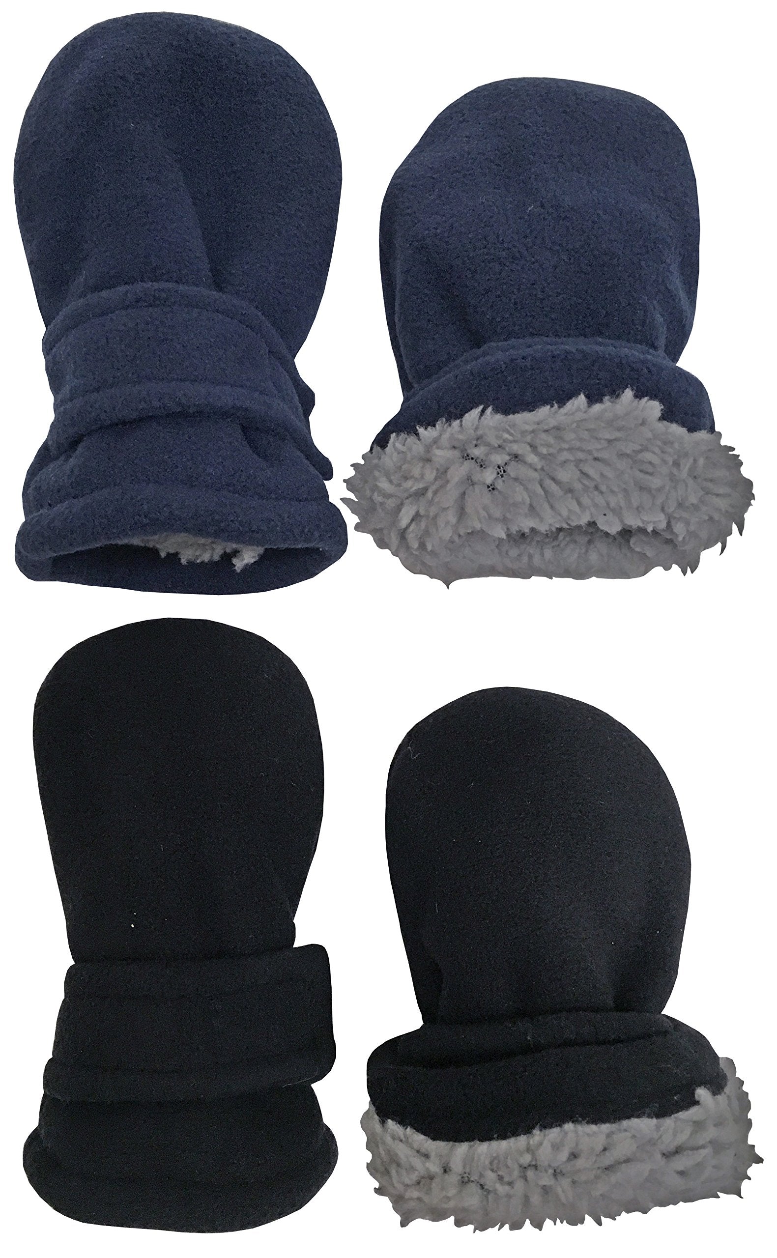 N'Ice Caps Baby Toddler Mittens Kids 2 Pairs Fleece Gloves Winter Warm Sherpa Lined (Black/Navy Pack - Infant No Thumbs, 3-6 Mon
