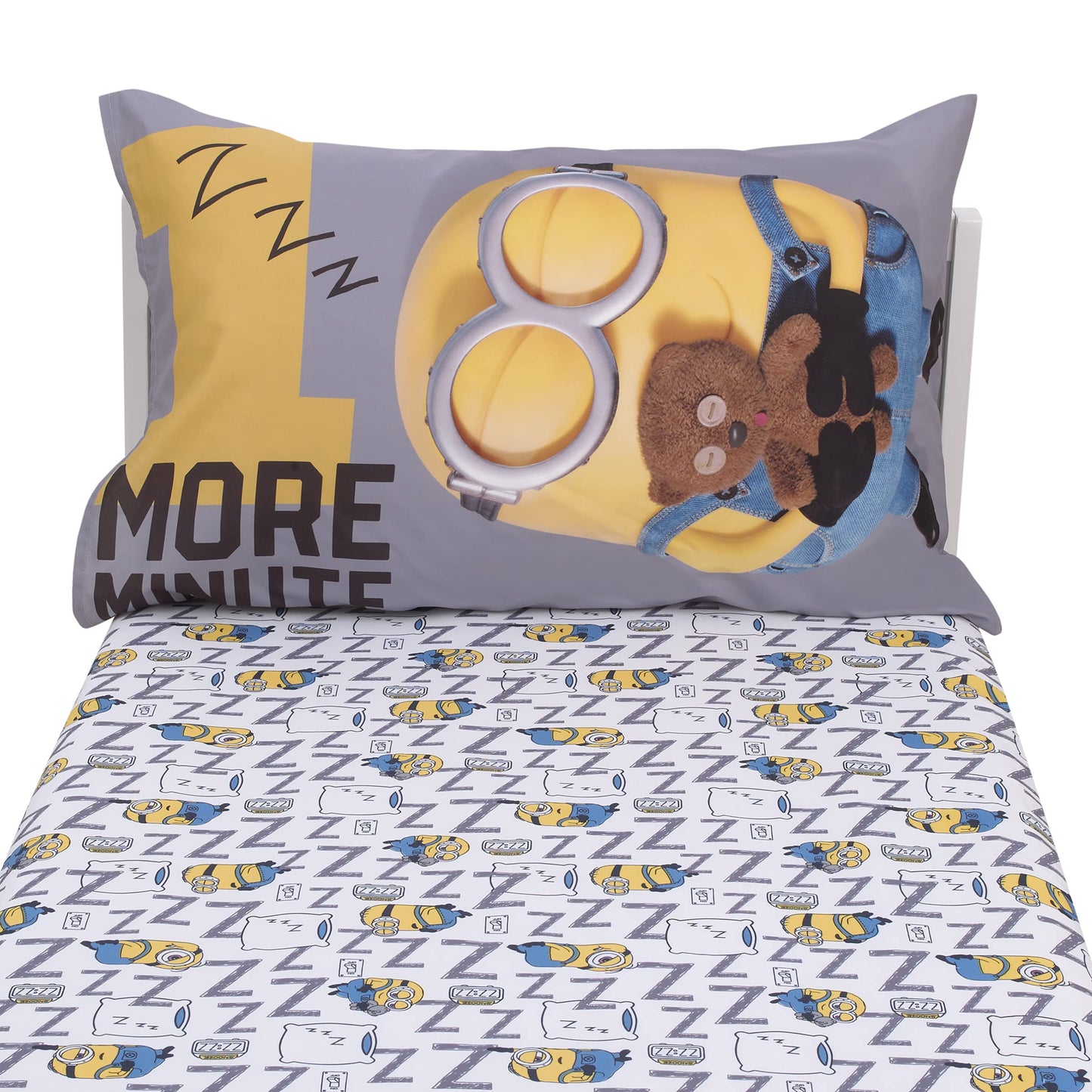 Illumination Lazy Minions Club Gray, Blue, Yellow, And White Let Me Sleep 2 Piece Toddler Sheet Set - Fitted Bottom Sheet, Rever