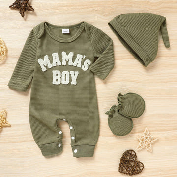 Grnshts Newborn Baby Boy Romper Waffle Coming Home Outfits Mama'S Boy Letter Jumpsuit+Hat+Gloves 3Pcs Clothes Set (Light Army Gr