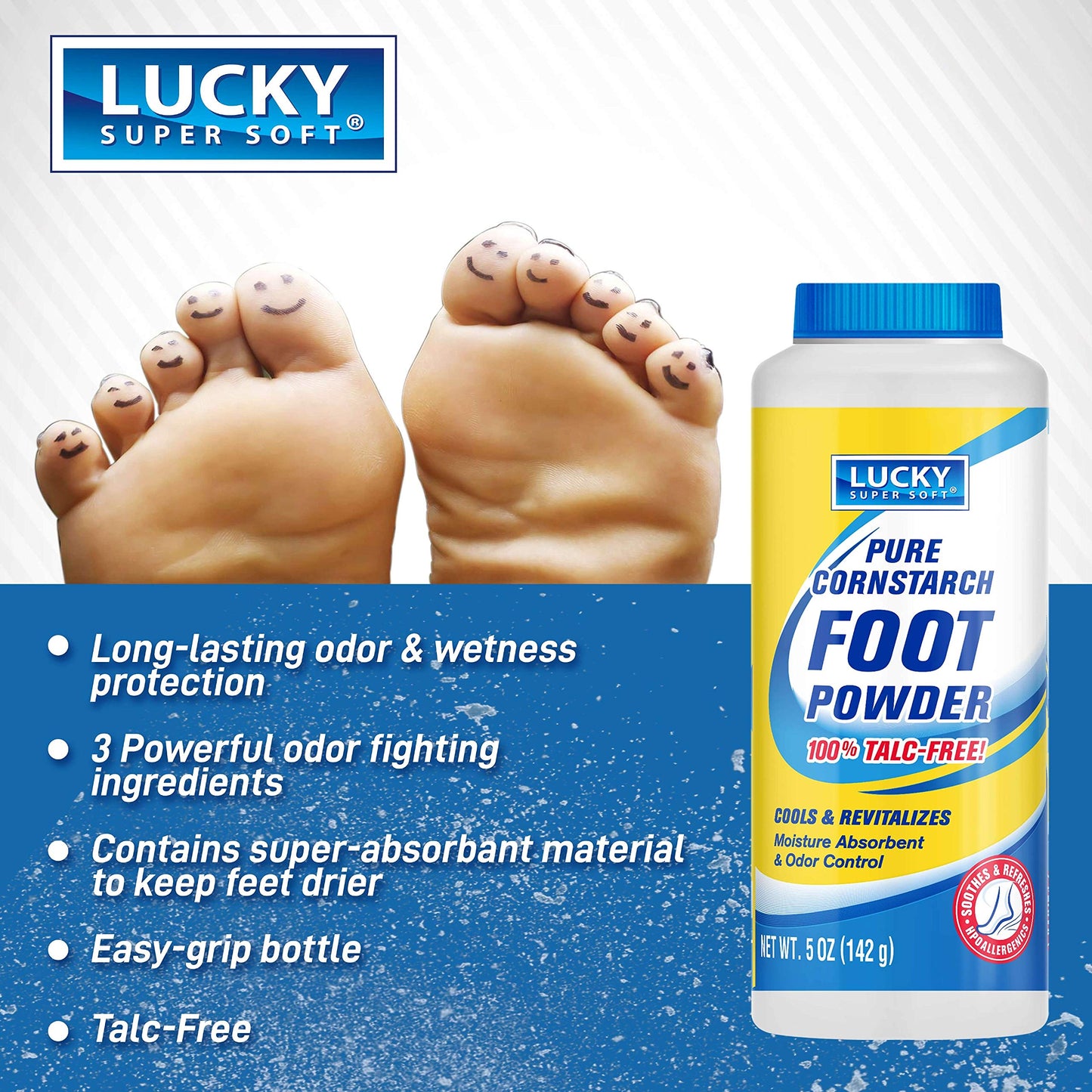 Lucky Super Soft Cornstarch Foot Powder, Talc-Free, Moisture Absorbing Odor Fighting Formula, Natural Protection Against Chafing