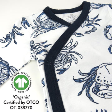 Honestbaby 3-Pack Organic Cotton Long Sleeve Side-Snap Kimono Onesies Bodysuits, Crabs Navy, 0-3 Months