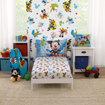 Disney Mickey Mouse Blue, Red, Green, And White, Donald Duck, Pluto, And Goofy, Fun Starts Here 2 Piece Toddler Sheet Set - Fitt