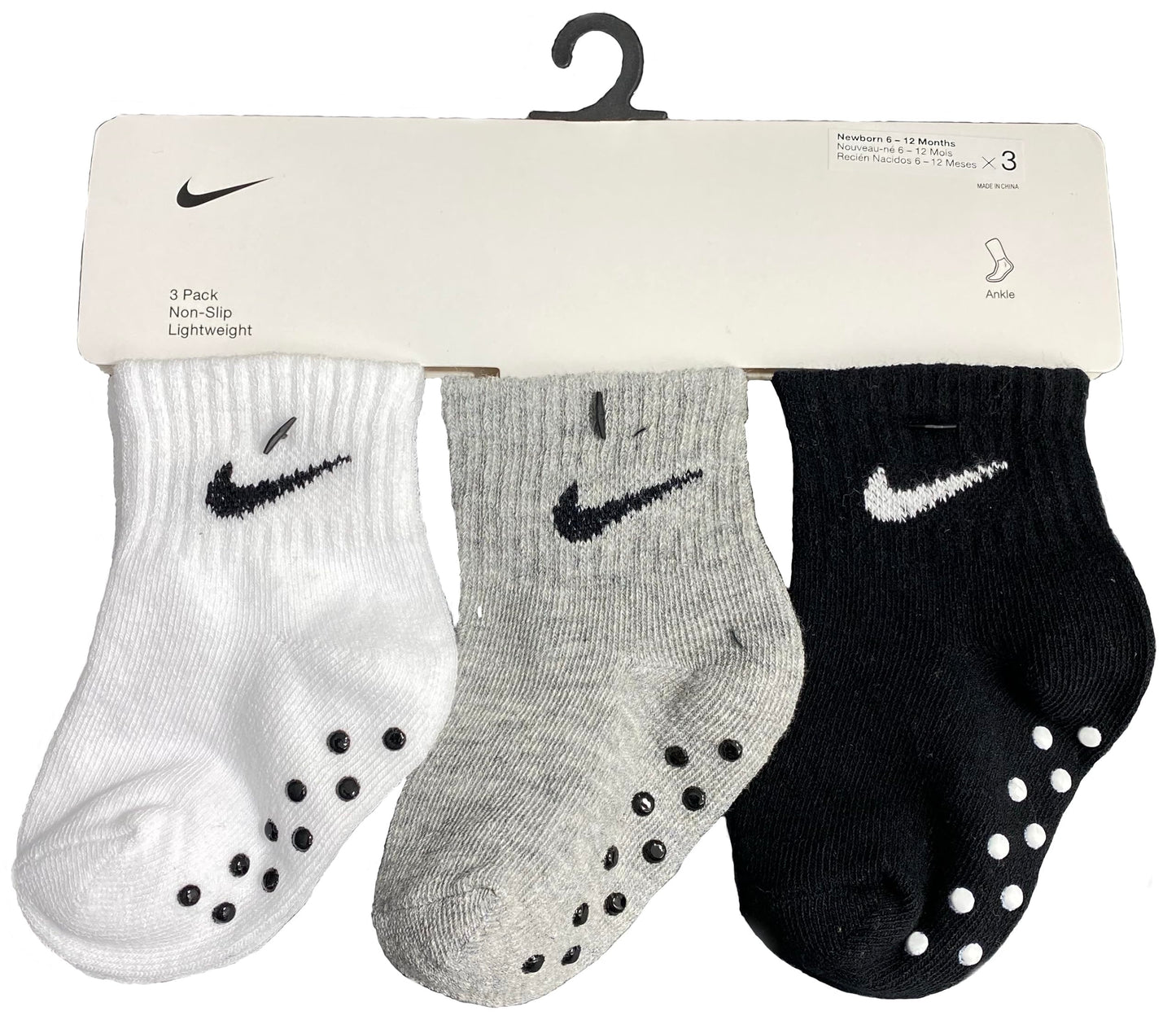 Nike Baby Girls' Ankle Gripper Socks (3 Pairs) (Us, Age, 6 Months, 12 Months, White/Grey/Black)