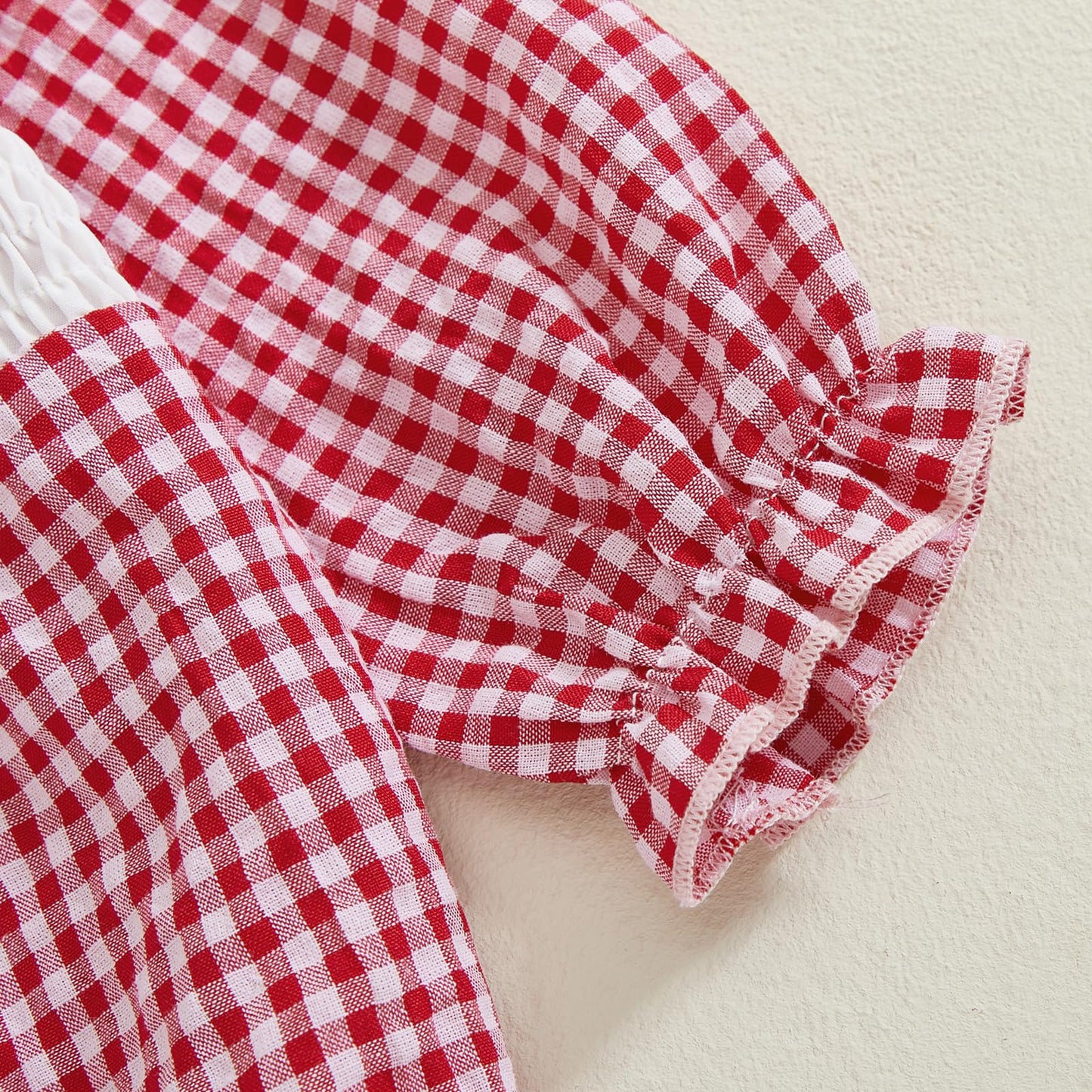 Newborn Baby Girls Valentines Day Clothes Long Sleeve Doll Collar Smocked Heart Embroidery Plaid Bubble Romper Outfit (Red, 3-6