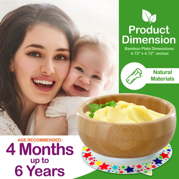 Nutrichef Bamboo Baby Feeding Bowl - Wooden Infant Toddler Dish And Spoon Set W/Silicone Suction Base For Stay Put Eating, For C