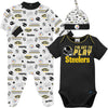 Gerber Nfl Pittsburgh Steelers 3 Pack Bodysuit Sleep N Play Footie Cap Registry Gift Set, Black/White Pittsburgh Steelers, 0-3M