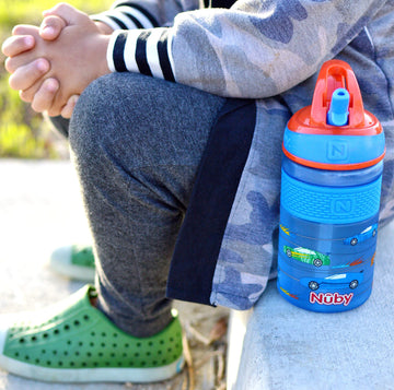 Nuby Thirsty Kids Flip-It Freestyle 12 Oz Water Bottle With Bite Resistant Hard Straw, Blue Cars