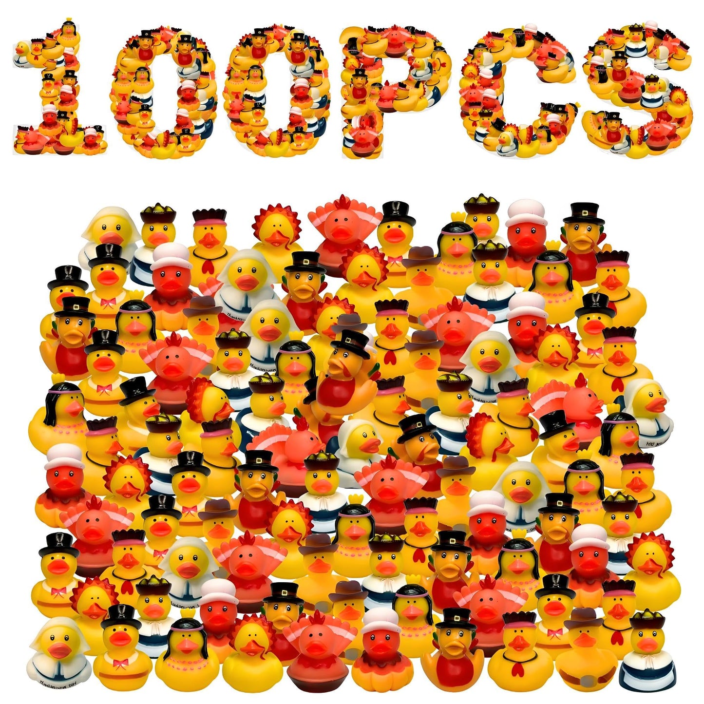 WPQO 100Pcs Thanksgiving Rubber Ducks,2Inches Mini Fall Ducks in Bulk Turkey Ducks,Thanksgiving Party Favors Supplies for Kids A