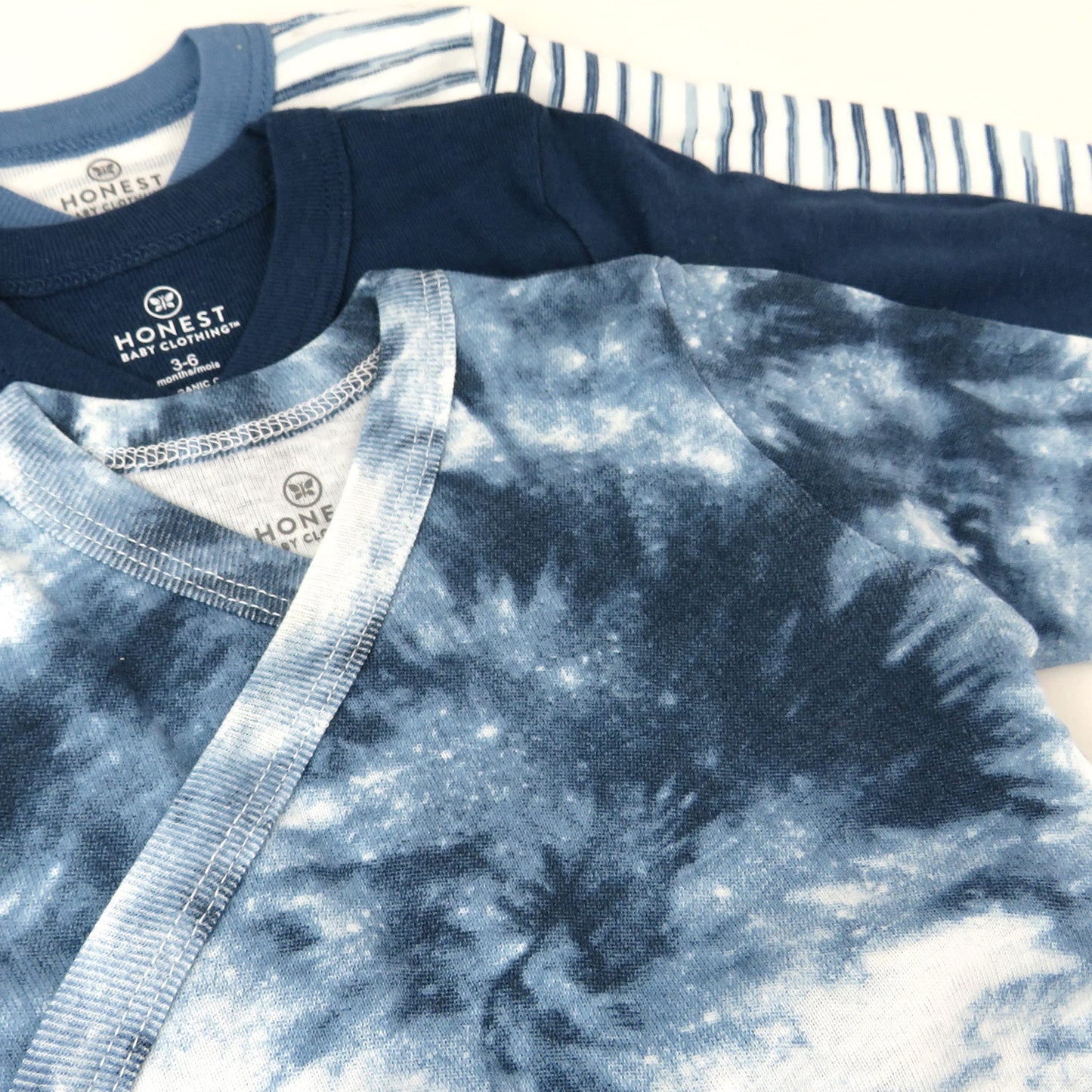Honestbaby 3-Pack Organic Cotton Long Sleeve Side-Snap Kimono Onesies Bodysuits, Tie Dye Blues, 6-9 Months