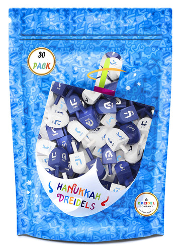 The Dreidel Company 30 Solid Blue & White Wooden Hand Painted Hanukkah Dreidels With English Transliteration - Includes 3 Detail