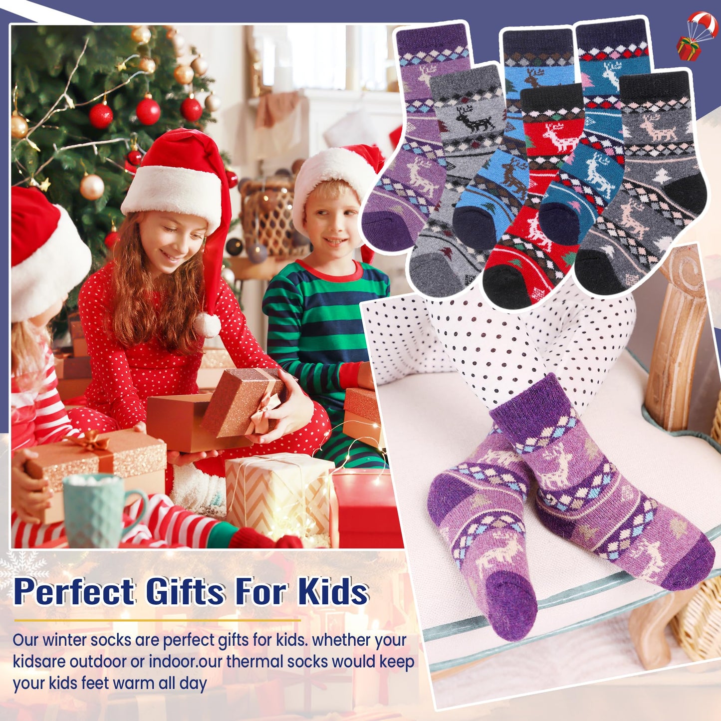 Eocom 6 Pairs Children'S Winter Warm Wool Animal Crew Socks Kids Boys Girls Socks (6 Pairs Christmas Deer, 8-12 Years)