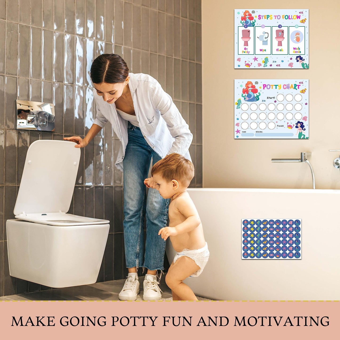 Mermaid Potty Training Sticker Chart, 20 Potty Charts With 432 Round Stickers & 1 Instruction Sheet, Potty Reward Sticker Chart