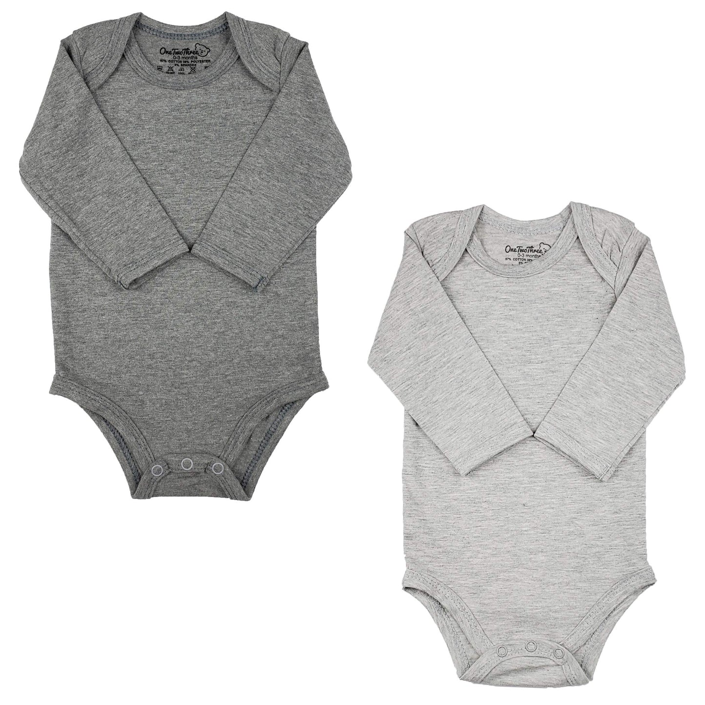 123 Bear Baby Bodysuits Soft Cotton Spandex Long Sleeve And Short Sleeve (Gray 2-Pack Long Sleeve, 0-3 Months)